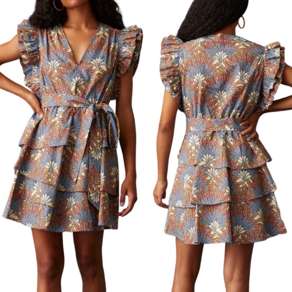 Marie Oliver Pacific Palm Fiona Dress Ruffled Tiered Floral A-Line Small